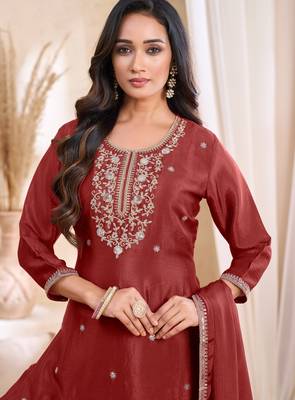 Chinon embroidery & sequins work fancy kurta palazzo dupatta set for women  4