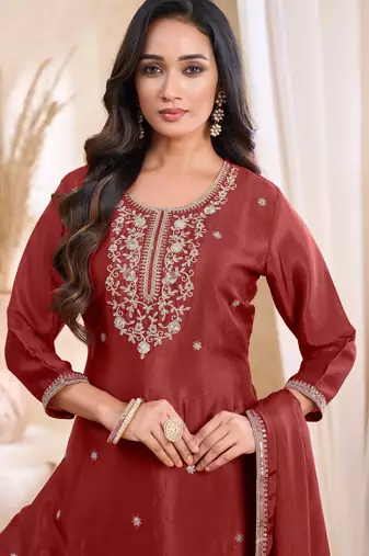 chinon embroidery & sequins work fancy kurta palazzo dupatta set for women 