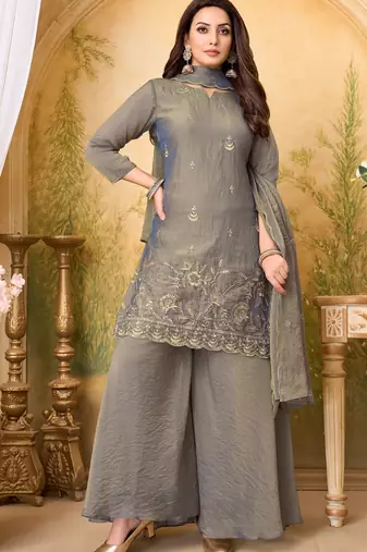 fancy silk embroidery & sequins work fancy kurta palazzo dupatta set for women
