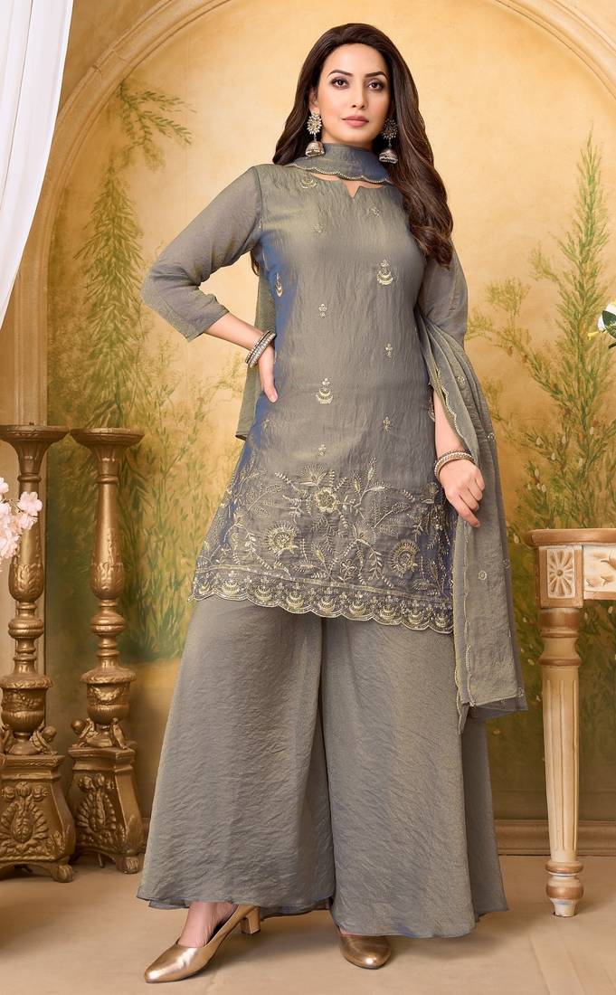 Fancy silk embroidery & sequins work fancy kurta palazzo dupatta set for women