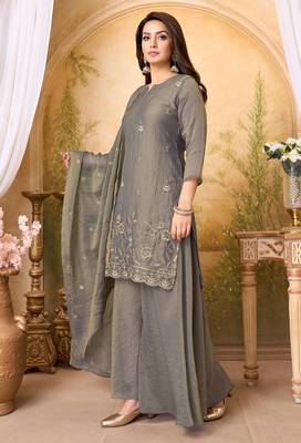 Fancy silk embroidery & sequins work fancy kurta palazzo dupatta set for women 2