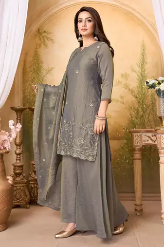fancy silk embroidery & sequins work fancy kurta palazzo dupatta set for women
