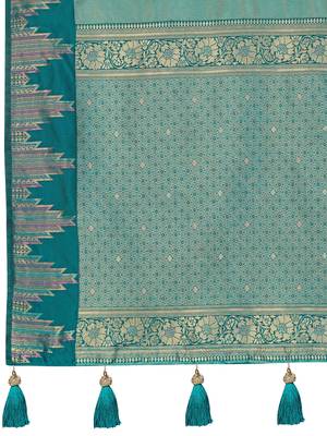Women sea green silk blend banarasi jacquard woven saree with blouse 5