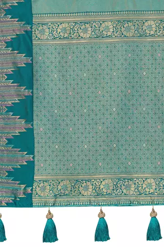 Women sea green silk blend banarasi jacquard woven saree with blouse