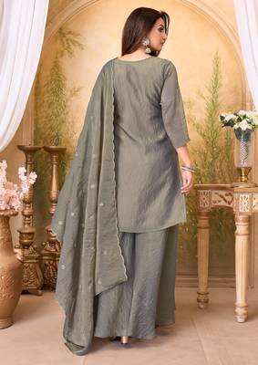 Fancy silk embroidery & sequins work fancy kurta palazzo dupatta set for women 3