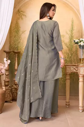 fancy silk embroidery & sequins work fancy kurta palazzo dupatta set for women