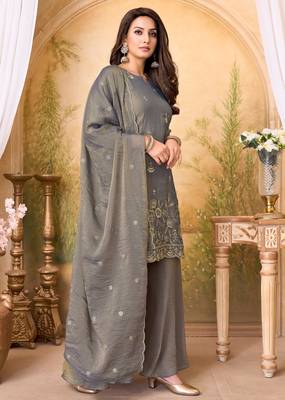 Fancy silk embroidery & sequins work fancy kurta palazzo dupatta set for women 4