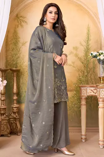 fancy silk embroidery & sequins work fancy kurta palazzo dupatta set for women