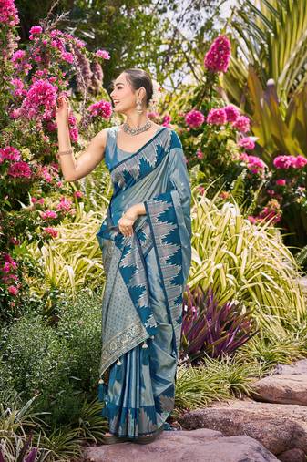 Women teal blue silk blend banarasi jacquard woven saree with blouse