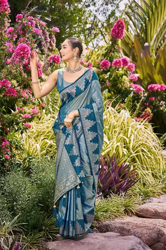 Women teal blue silk blend banarasi jacquard woven saree with blouse