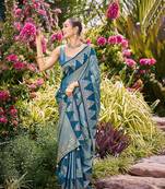 Women teal blue silk blend banarasi jacquard woven saree with blouse