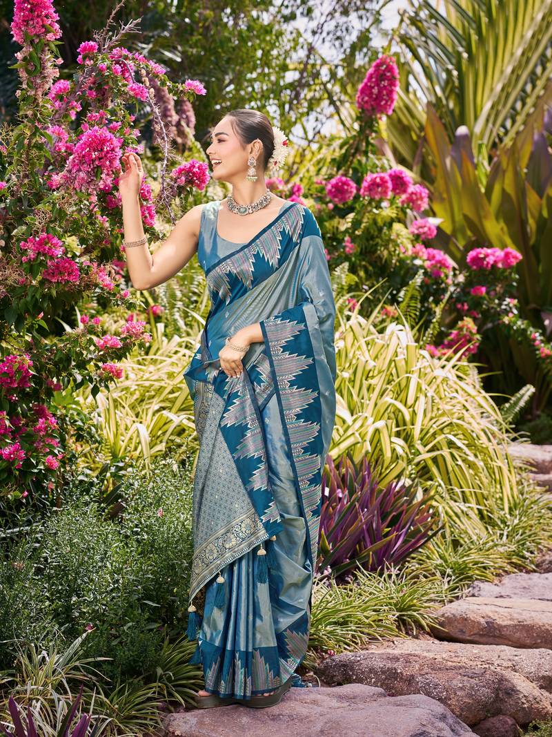 Women teal blue silk blend banarasi jacquard woven saree with blouse