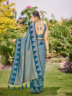 Women teal blue silk blend banarasi jacquard woven saree with blouse 2