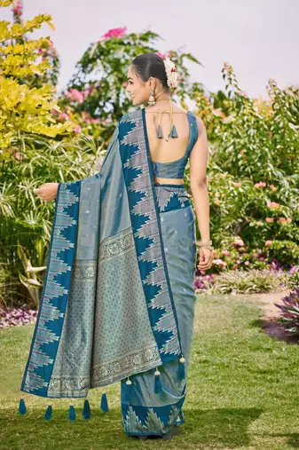 Women teal blue silk blend banarasi jacquard woven saree with blouse