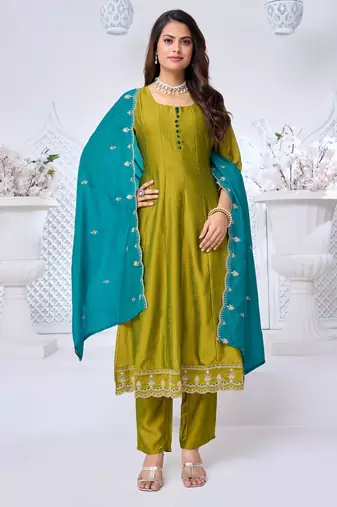 Vichitra silk embroidery & sequins work anarkali kurta pant dupatta set for women