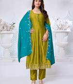 Vichitra silk embroidery & sequins work anarkali kurta pant dupatta set for women