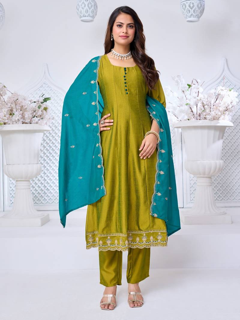 Vichitra silk embroidery & sequins work anarkali kurta pant dupatta set for women