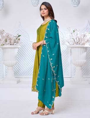 Vichitra silk embroidery & sequins work anarkali kurta pant dupatta set for women 2