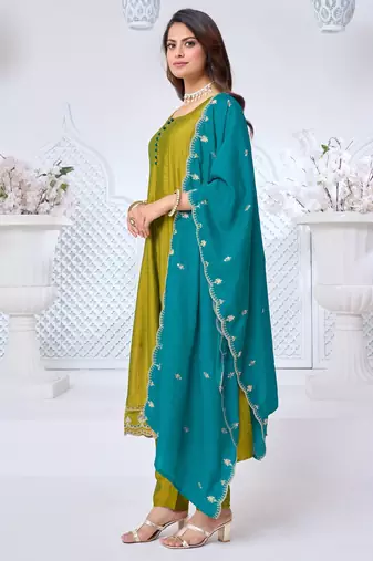 Vichitra silk embroidery & sequins work anarkali kurta pant dupatta set for women