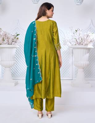 Vichitra silk embroidery & sequins work anarkali kurta pant dupatta set for women 3