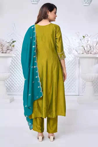 Vichitra silk embroidery & sequins work anarkali kurta pant dupatta set for women