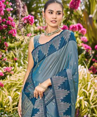 Women teal blue silk blend banarasi jacquard woven saree with blouse 3