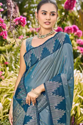 Women teal blue silk blend banarasi jacquard woven saree with blouse