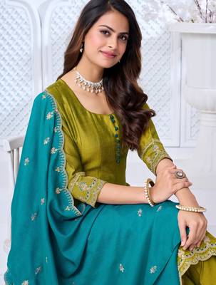 Vichitra silk embroidery & sequins work anarkali kurta pant dupatta set for women 4