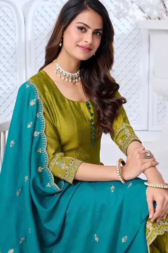 Vichitra silk embroidery & sequins work anarkali kurta pant dupatta set for women