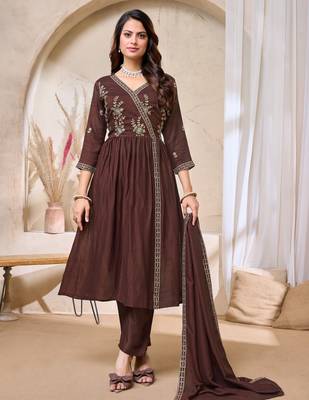 Vichitra silk embroidery & sequins work angrakha style stitched kurta pant dupatta set for women  1