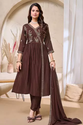 vichitra silk embroidery & sequins work angrakha style stitched kurta pant dupatta set for women 