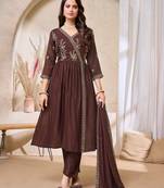 Vichitra silk embroidery & sequins work angrakha style stitched kurta pant dupatta set for women 