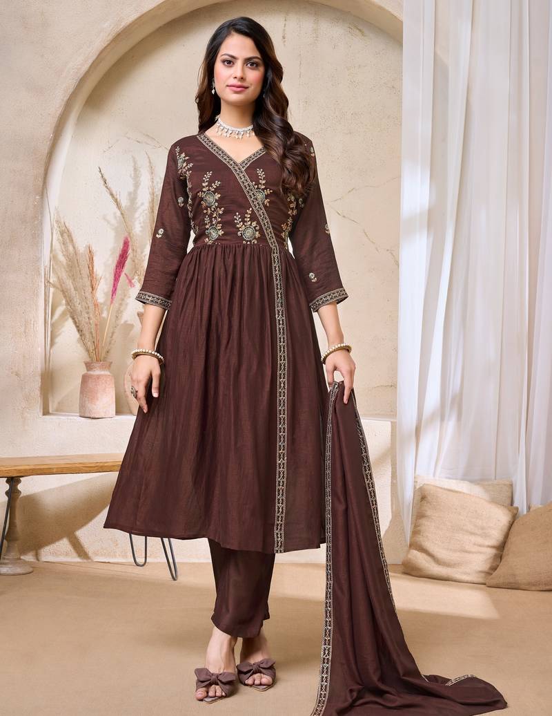 Vichitra silk embroidery & sequins work angrakha style stitched kurta pant dupatta set for women 