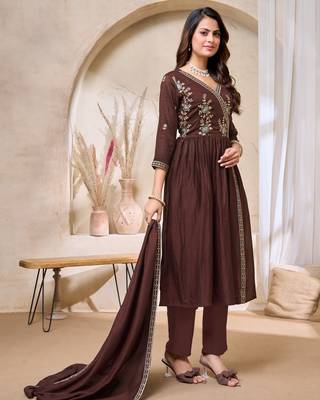 Vichitra silk embroidery & sequins work angrakha style stitched kurta pant dupatta set for women  2