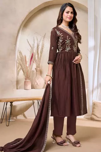 vichitra silk embroidery & sequins work angrakha style stitched kurta pant dupatta set for women 