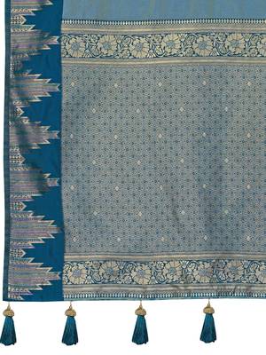 Women teal blue silk blend banarasi jacquard woven saree with blouse 5