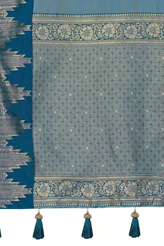 Women teal blue silk blend banarasi jacquard woven saree with blouse