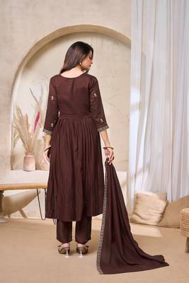 Vichitra silk embroidery & sequins work angrakha style stitched kurta pant dupatta set for women  3