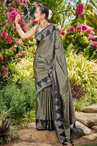 Women olive grey silk blend banarasi jacquard woven saree with blouse