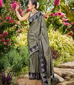 Women olive grey silk blend banarasi jacquard woven saree with blouse