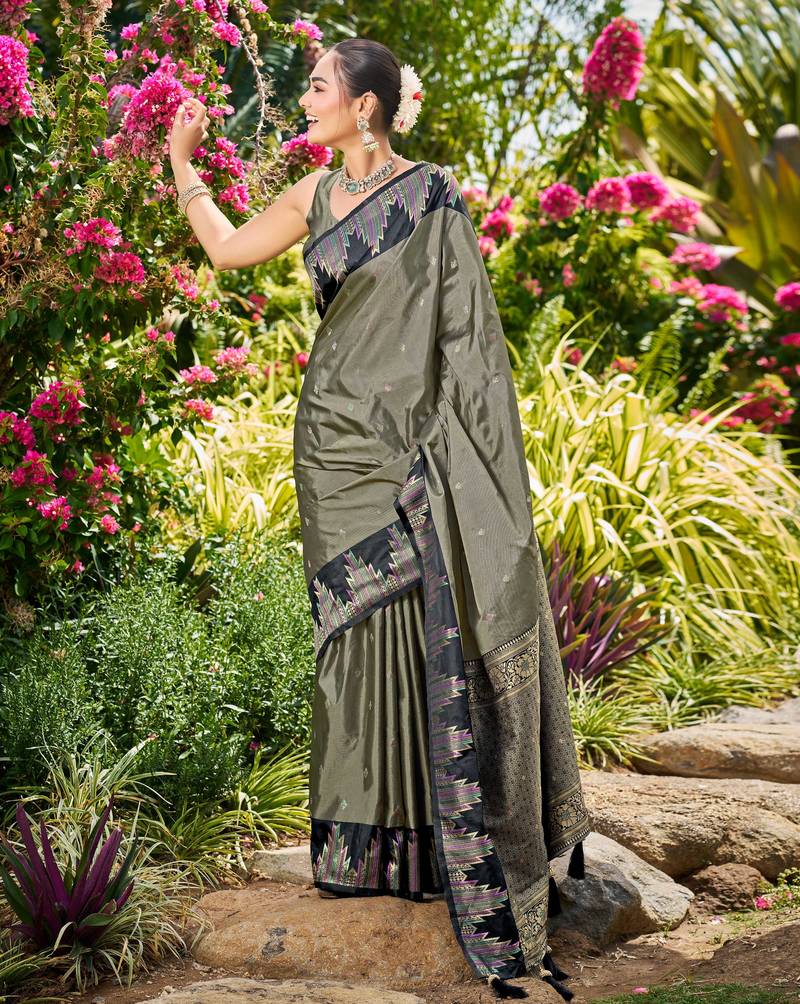 Women olive grey silk blend banarasi jacquard woven saree with blouse