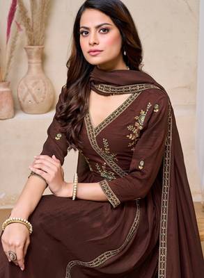 Vichitra silk embroidery & sequins work angrakha style stitched kurta pant dupatta set for women  4
