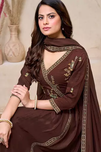 vichitra silk embroidery & sequins work angrakha style stitched kurta pant dupatta set for women 