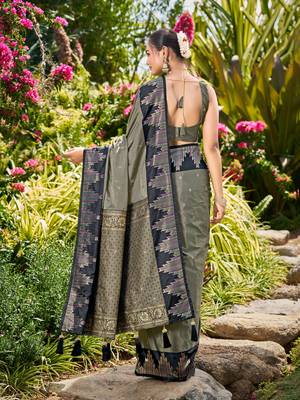 Women olive grey silk blend banarasi jacquard woven saree with blouse 2