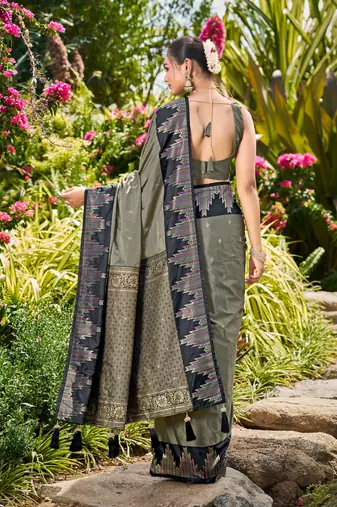 Women olive grey silk blend banarasi jacquard woven saree with blouse