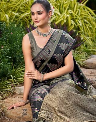 Women olive grey silk blend banarasi jacquard woven saree with blouse 3