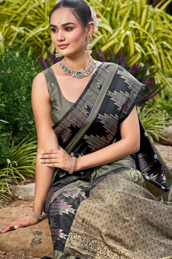 Women olive grey silk blend banarasi jacquard woven saree with blouse