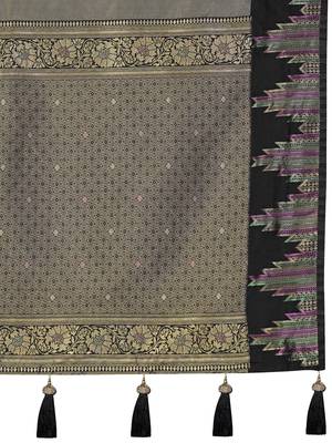 Women olive grey silk blend banarasi jacquard woven saree with blouse 5