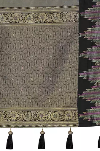Women olive grey silk blend banarasi jacquard woven saree with blouse