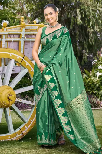 Women emerald green silk blend banarasi jacquard woven saree with blouse